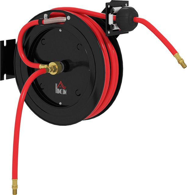 HOMCOM Automatik Druckluftschlauchtrommel Wandhalterung in Schwarz-Rot mit 15m Druckluftschlauch, 1/4 Zoll Anschluss und Schlauchbremse - Bild 1