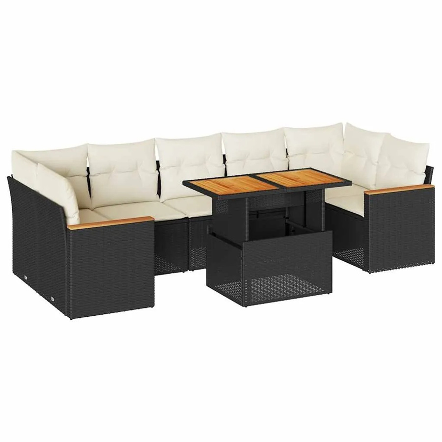 vidaXL 8-tlg. Garten-Sofagarnitur in L-Form aus Polyrattan und Akazienholz mit Kissen in Schwarz-Creme - Bild 2