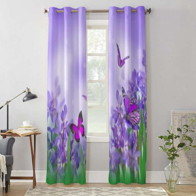 Binchi Outdoor Equipment Luxus Fenstervorhang mit Frühlingsblumen und Schmetterlingen in Grau, Breite: 135 cm, Höhe: 60 cm - Bild 1