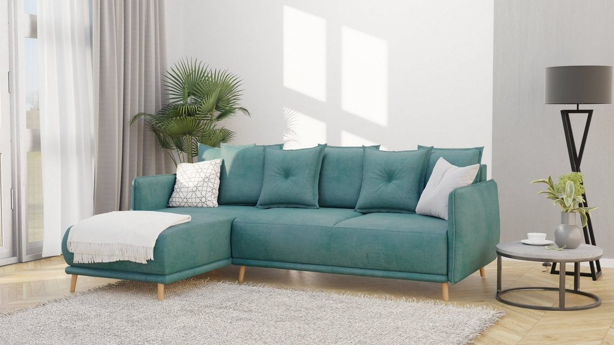 S-Style Möbel Ecksofa Radiant in Türkis aus Luxusmicrofaser mit Schlaffunktion, Bettkasten und Holzfüßen im skandinavischen Design, Ottomane links - Bild 1