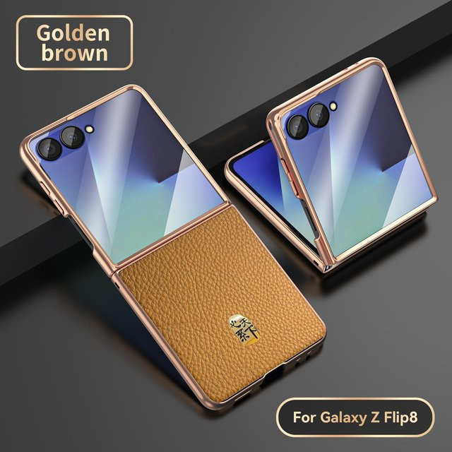 Echte Rindslederhülle für Samsung Galaxy Z Flip in Braun mit magnetischer kabelloser Ladeschale und Schutzfolie - Bild 1