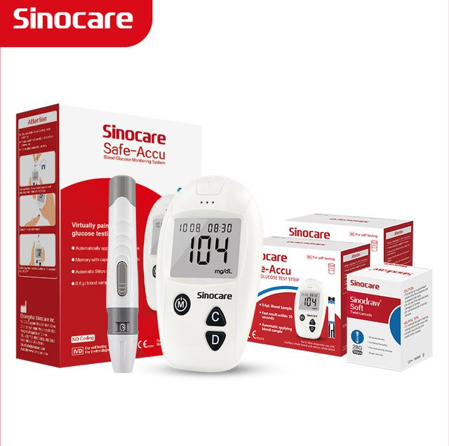 Sinocare Safe-Accu Blutzuckermessgerät Kit in Weiß mit 50 oder 100 Teststreifen und Lanzetten - Bild 1