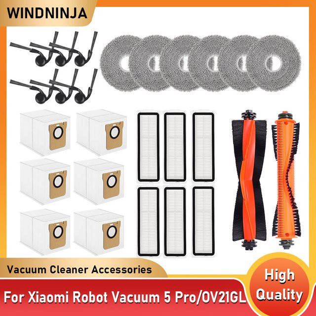 WINDNINJA Ersatzteil-Set für Xiaomi Roboter Vakuum 5 Pro OV21GL mit Hepa-Filter, Mopp-Tuch, Seitenbürsten und Staubbeuteln in Multicolor - Bild 1