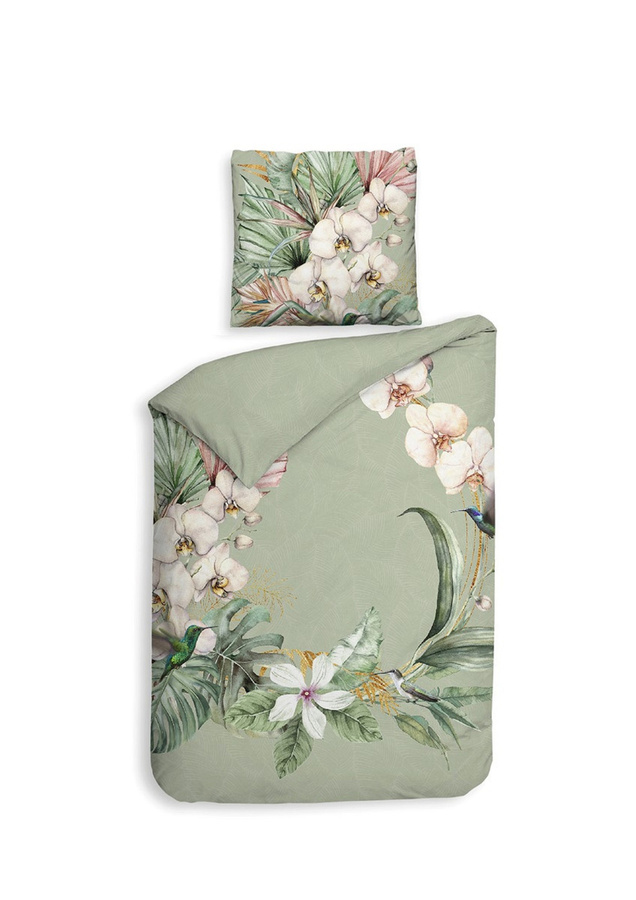 Heckett & Lane Mako-Satin Bettwäsche Ana Green Kolibri und Orchideen Wende Design, Farbe: Grün, B/H: 135 x 200 cm, Kissen: 80 x 80 cm - Bild 1
