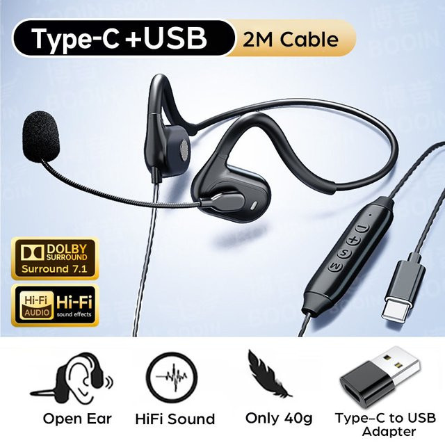 JINSERTA Open-Ear-Kopfhörer Typ C mit Luftleitung, HiFi-Sound und DSP-Rauschunterdrückung, Gaming-Headset mit Mikrofon in Schwarz - Bild 1