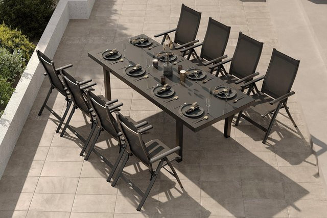 OUTFLEXX Premium Garten-Essgruppe aus Aluminium und Textilene in Anthrazit/Grau mit Ausziehtisch und 8 Klappstühlen, Tisch B/T: 180 bis 240 cm x 100 cm - Bild 1
