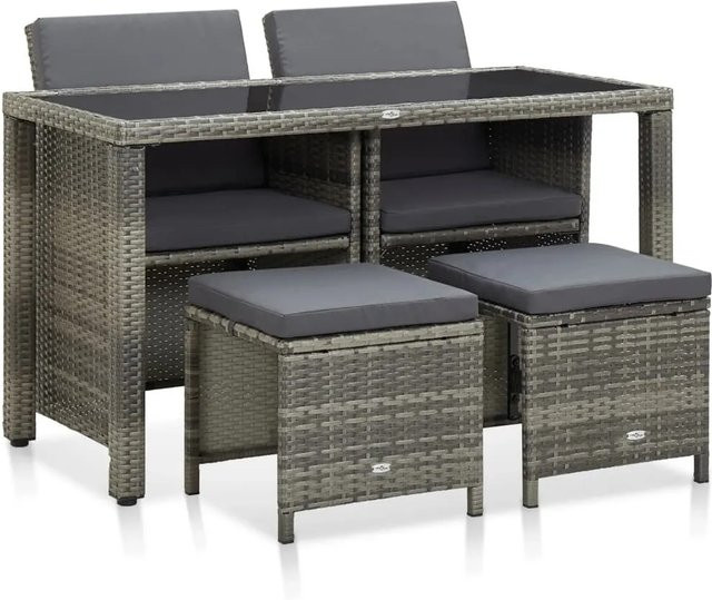 vidaXL 5-teilige Garten-Essgruppe aus Poly Rattan in Grau mit Glas-Tischplatte und Auflagen - Bild 1