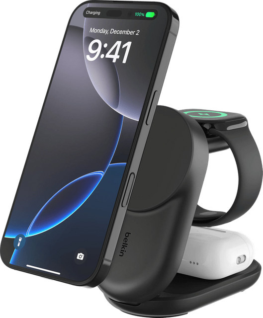 Belkin UltraCharge 3-in-1 MagSafe Kabelloses Ladegerät mit Ständer Qi2 25W Schwarz - Bild 1