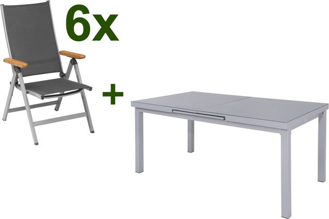 Kettler Granada Garten-Essgruppe aus Aluminium und Textilene in Silber mit ausziehbarem Tisch und 6 Klappstühlen - Bild 1