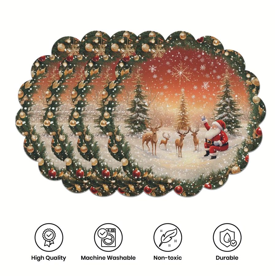 VIKAMA 4er Set Weihnachts Tischsets mit Weihnachtsmann und Rentier Motiv, runde Tischsets mit Schneeflocken und gewelltem Rand für deine Weihnachtsdekoration - Bild 3