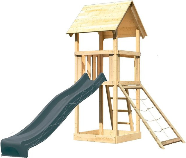 Karibu Spielturm Lotti aus Massivholz mit Rutsche und Netzrampe in Natur-Anthrazit, B/T/H: 291 x 107 x 107 cm - Bild 1