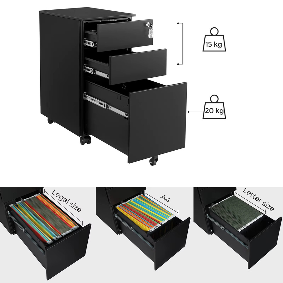 Songmcis Rollcontainer mit 3 Schubladen und Schloss für das Home Office, B/T/H: 45 x 30 x 60 cm - Bild 3