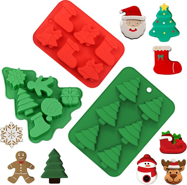 Silikon Backform für Weihnachten mit Motiven wie Baum, Lebkuchen und Santa, rote Antihaft-Form für Kuchen, Schokolade und Mousse - Bild 1