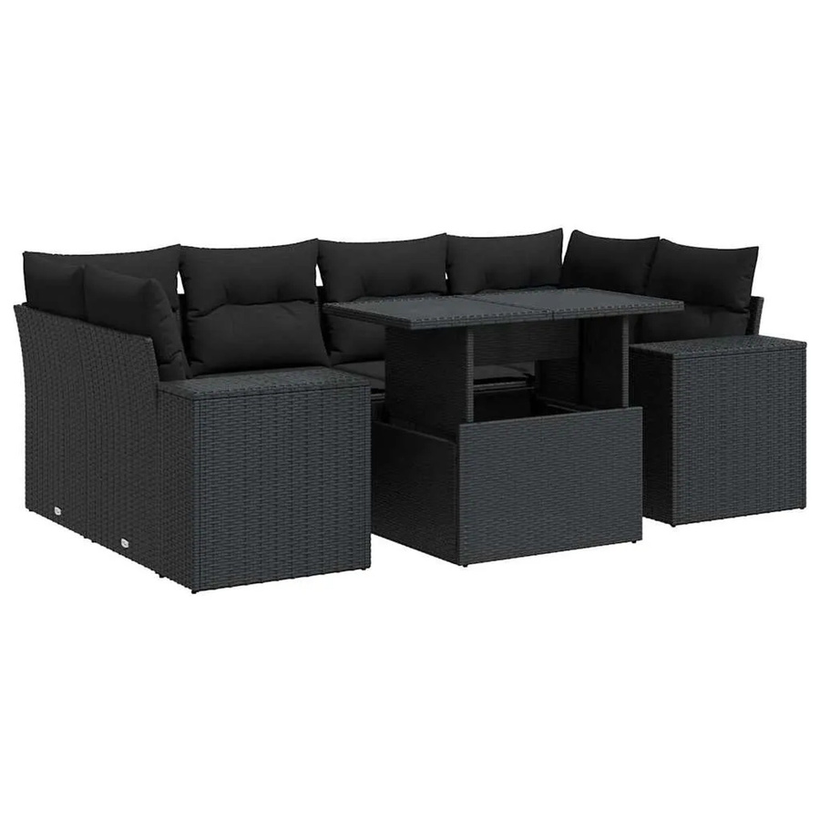 vidaXL 7-teilige Garten-Sofagarnitur in L-Form aus schwarzem Poly-Rattan mit Kissen und Metallrahmen - Bild 2