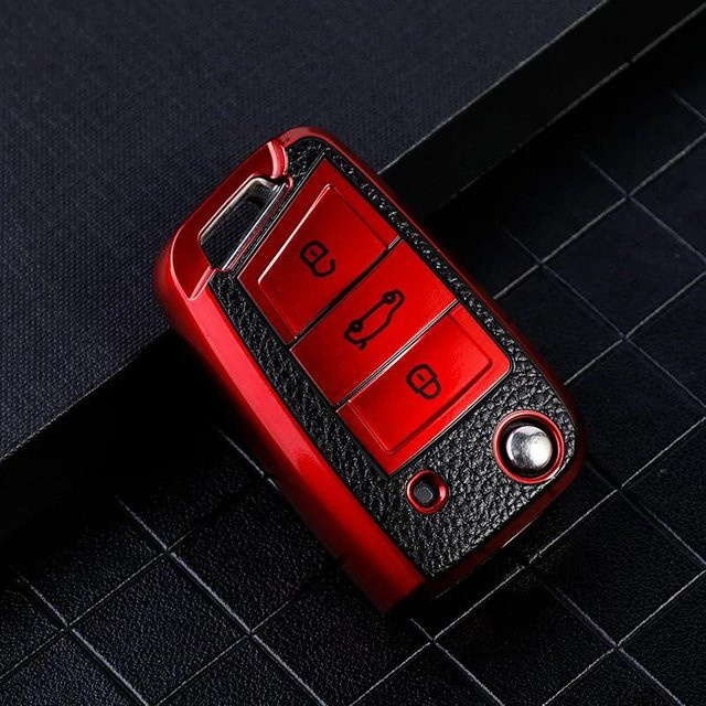 Schutzhülle für Autoschlüssel in Rot für Volkswagen VW Polo Golf 7 Tiguan, Skoda Octavia Kodiaq Karoq und Seat Ateca inklusive Schlüsselanhänger - Bild 1