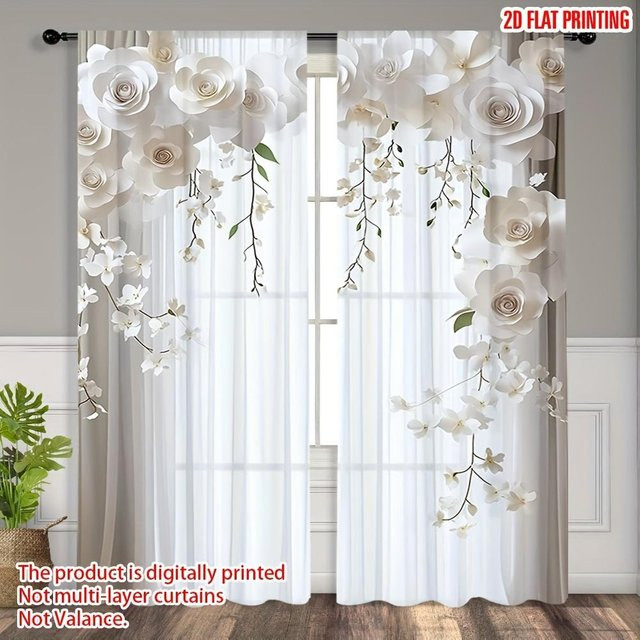 2 Stück transparente weiße Vorhänge mit floralem Design aus Polyester, B/H: 76 x 165 cm - Bild 1
