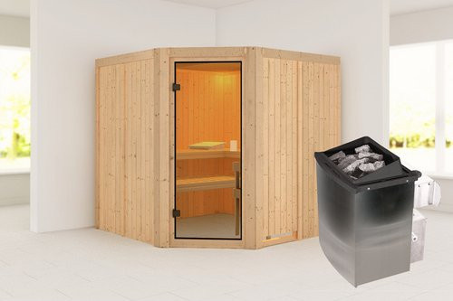 Karibu Sauna Hiiu aus Fichte in Braun für 5 Personen mit 9 kW Ofen, B/T/H: 196 x 196 x 198 cm - Bild 1