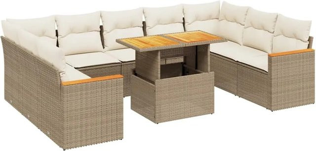 vidaXL 10-tlg Garten-Sofagarnitur in L-Form aus Polyrattan und Akazienholz mit Kissen in Beige und Cremeweiß - Bild 1