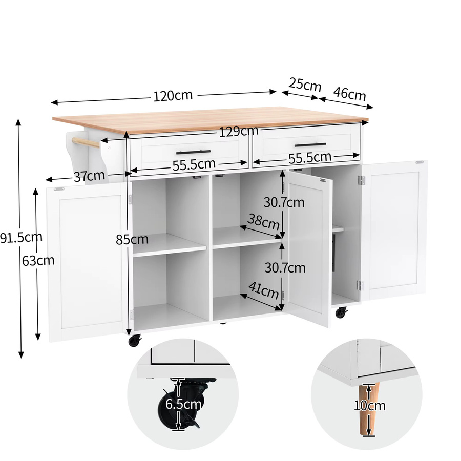 Rbefeuly Kücheninsel mit klappbarer Tischplatte in Weiß, moderner Speisewagen mit Rollen, Aufbewahrungsschränken und 2 Schubladen, B/T/H: 129 x 46 x 91,5 cm - Bild 2
