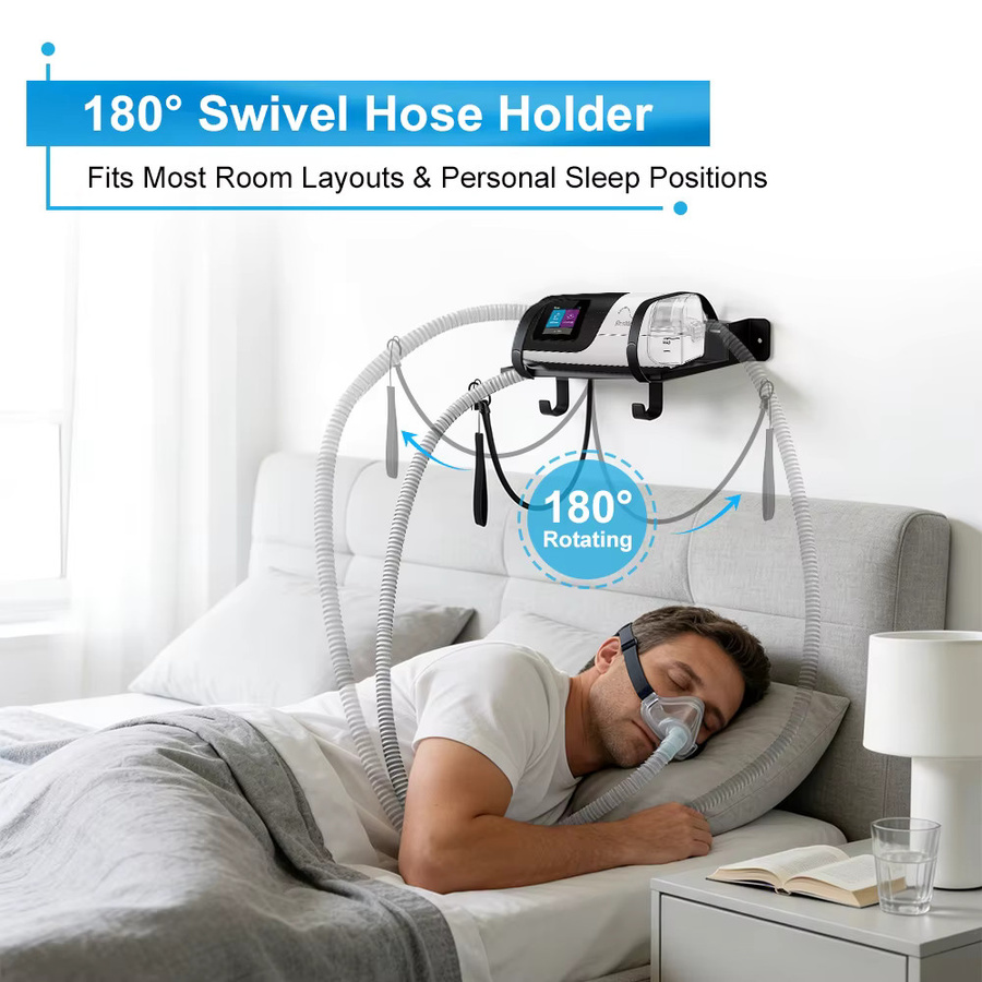 JBMBHC CPAP-Wandregal in Schwarz, kompatibel mit S10/S11, Nachttisch-Organizer aus Metall mit verstellbarem Winkel, Schlauchhalter und Maskenhaken - Bild 3