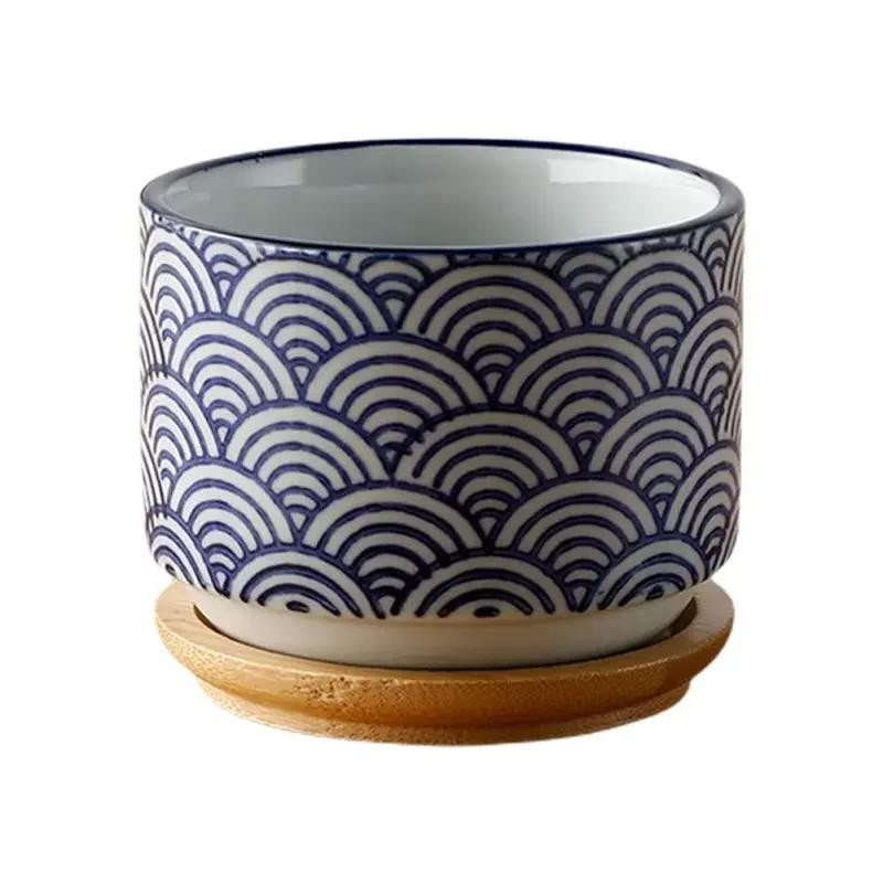Japanischer Stil Blumentopf aus Keramik mit Bambusuntersetzer für Sukkulenten und Bonsai von Household supplies MH - Bild 2