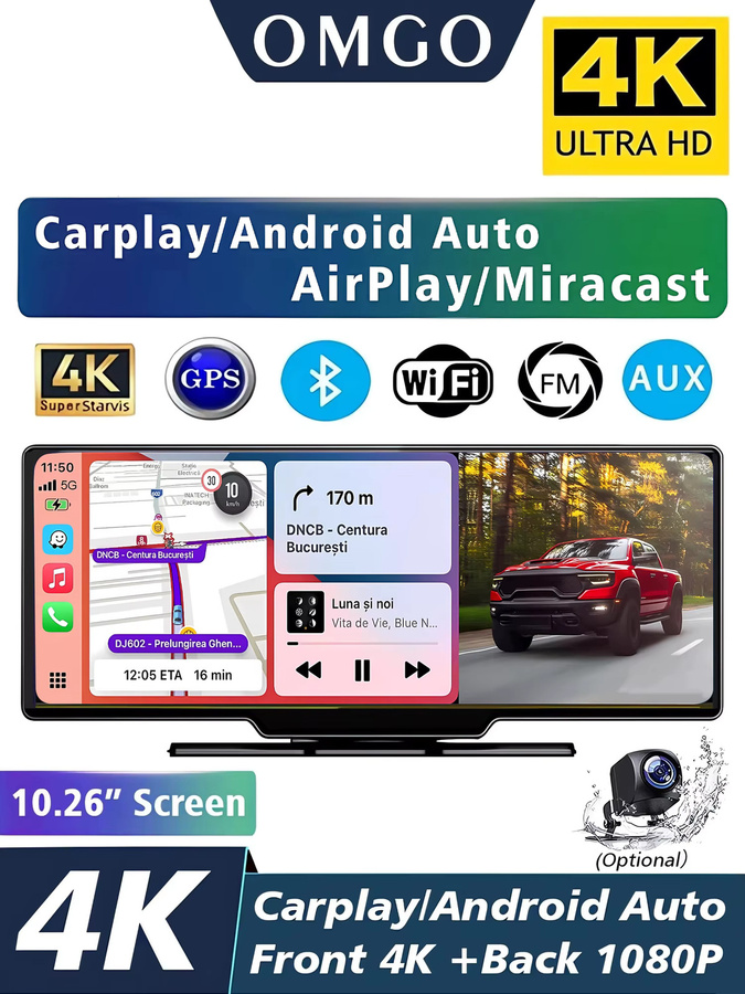 OMGO Dashcam Rückspiegel mit 10,26 Zoll Display, 4K 2160P Auflösung, CarPlay, Android Auto, GPS, WLAN und Bluetooth, Farbe: Schwarz - Bild 7