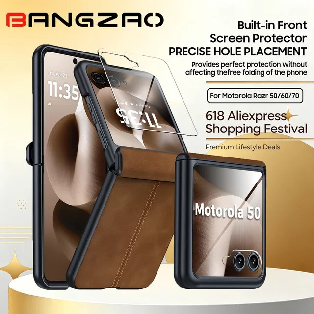 Motorola Moto Razr 50/60/70 Lederhülle mit magnetischem Scharnierschutz, 9H Displayschutz und kabellosem Laden, Braun - Bild 1