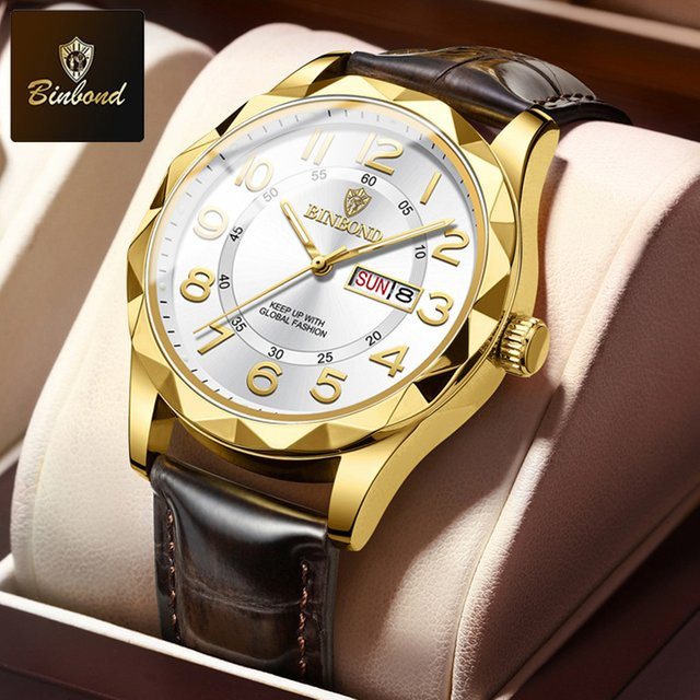 BINBOND Armbanduhr Quarz, Leder, Gold, Herren - Bild 1