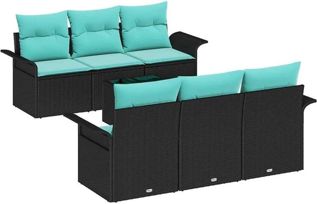 vidaXL Garten-Sofa-Set mit 7-teiligem Polster-Set in Schwarz und Türkis aus Poly-Rattan und pulverbeschichtetem Stahl - Bild 1