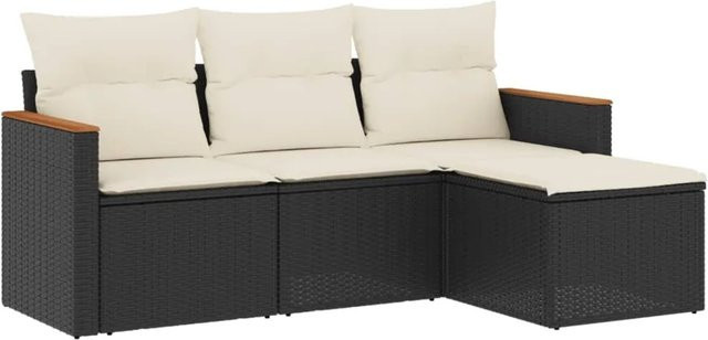 vidaXL 4-tlg. Garten-Sofagarnitur aus Poly-Rattan und Akazienholz in Schwarz und Cremeweiß mit Sitzkissen und Stauraum - Bild 1