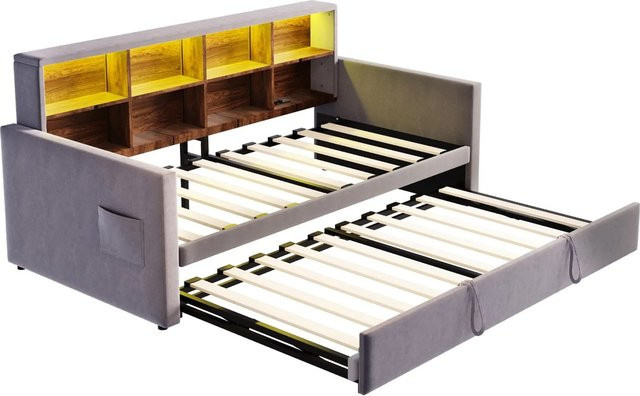Merax Schlafsofa aus Samt in Dunkelgrau mit LED-Beleuchtung, USB-Ladeanschluss und Stauraum, B/T/H: 90 x 190 x 104 cm - Bild 1