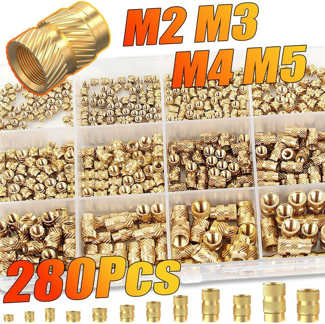 BOVILEVR 280-teiliges Wärmeeinpressgewinde-Set aus Messing mit Rändelmuttern M2/M3/M4/M5 für 3D-Druck und Kunststoffteile, Farbe: Messing/Gold - Bild 1