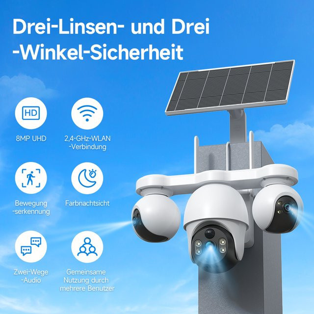 V380 Solar-WiFi-PTZ-Kamera für den Außenbereich mit 8MP Auflösung, 3 Linsen und 3 Ansichtswegen, Farbnachtsicht, Zwei-Wege-Audio und Bewegungserkennung, wasserdicht, Farbe: Weiß - Bild 1
