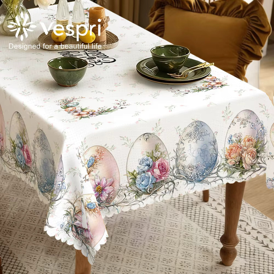 Vespri Oster-Tischdecke aus Polyester mit Blumen- und Eier-Motiv in Weiß und Grün für Party und Festival - Bild 4