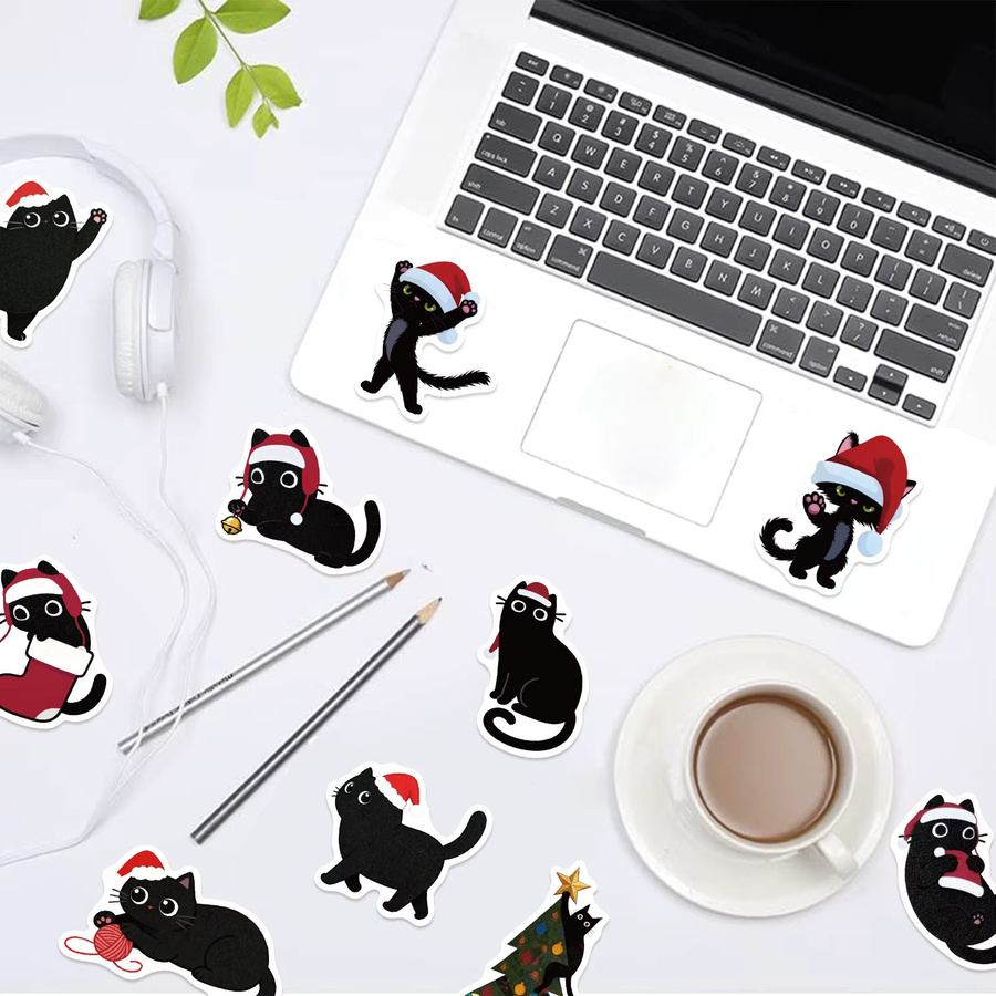 Wasserdichte Cartoon Weihnachten Schwarze Katze Doodle Aufkleber für Notebook, Gepäck und Telefon, 50 oder 100 Stück, Mehrfarbig - Bild 6