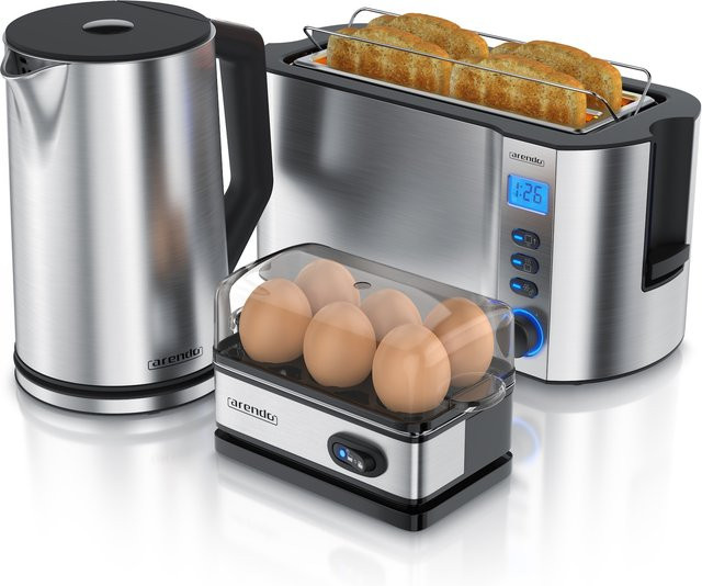 Arendo Frühstücksset 3-teilig aus Edelstahl in Silber mit Wasserkocher 1,5 l, 4-Scheiben Langschlitz Toaster und 6er Eierkocher - Bild 1