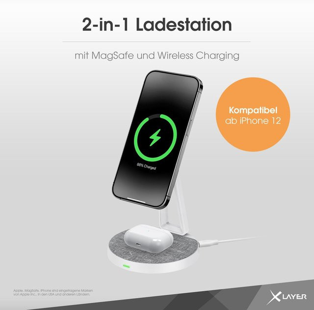 MagFix Pro 2 in 1 Ladestation 15W Kabelloses Ladegerät mit USB-C in Grau/Weiß - Bild 1