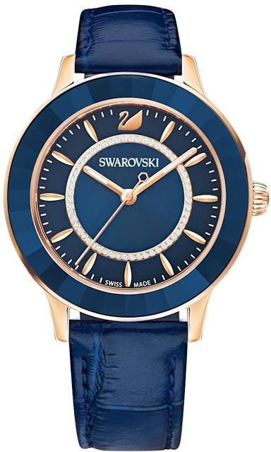 Swarovski Damenuhr, Automatik, Messing, Roségold, Blau, Leder, 39 mm - Bild 1