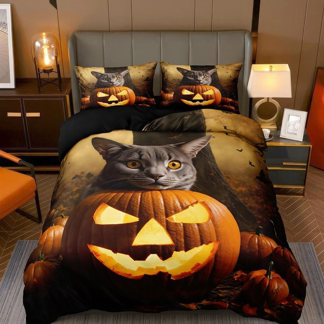 3-teiliges Halloween Bettwäsche-Set mit Katze und Kürbis Motiv, Bettbezug und Kopfkissenbezüge in Schwarz, EU Single, B/H: 135 x 200 cm - Bild 1