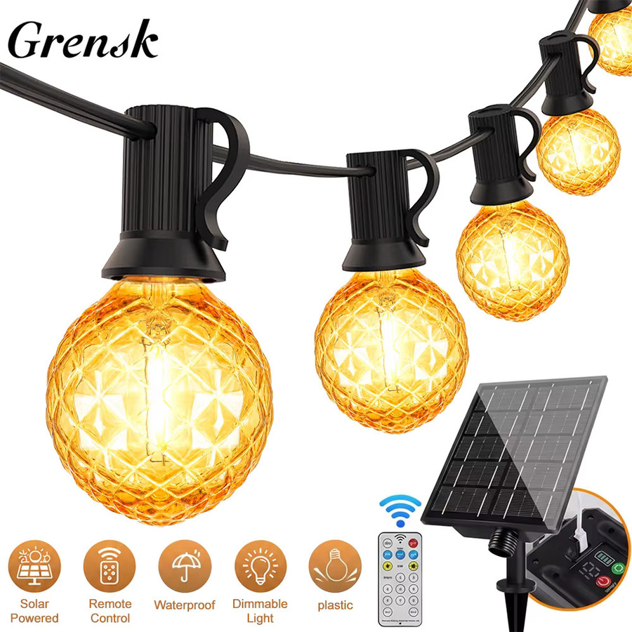 Grensk Solar-Lichterkette mit G40 Diamant-LEDs, fernbedienbar und dimmbar, IP44 wasserdicht, bruchsicher, warmweiß, transparent - Bild 2