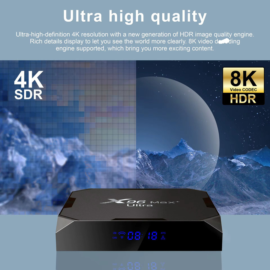 X96 Max+ Ultra Smart TV Box mit Amlogic S905X4 Quad-Core, 4GB RAM, 32GB/64GB ROM, Android 11.0, Dualband-WLAN, Bluetooth, 4K/8K AV1 H.265 Videodecoder, Mediaplayer in Schwarz - Bild 2