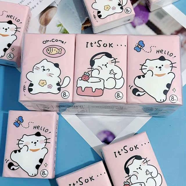 9-teiliges Set Happy Cat Taschentücher in Pink mit Katzenmustern und Zitaten, 72 Stück - Bild 1