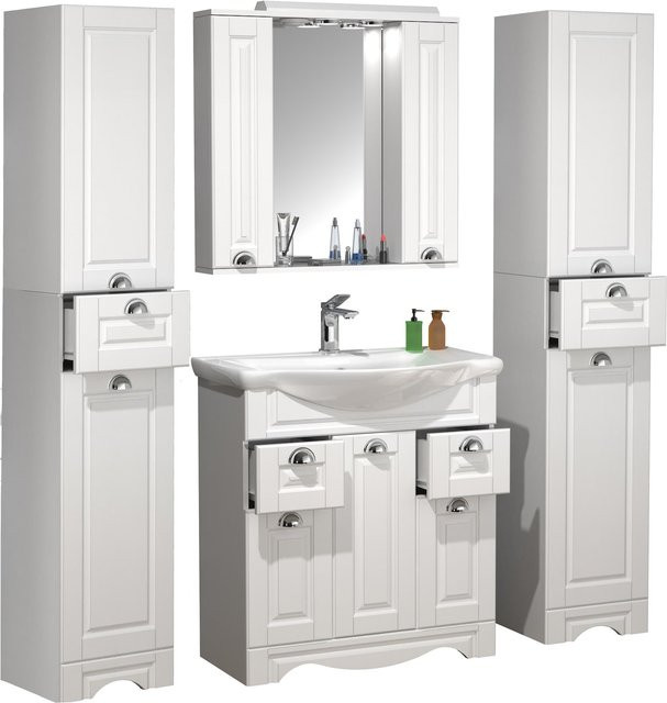 VCM Badmöbel Set Casalo XL in Landhaus-Optik, 5-tlg. Waschplatz mit Keramik-Waschtisch, Spiegelschrank und Hochschrank, Farbe: Weiß, Breite: 75 cm - Bild 1