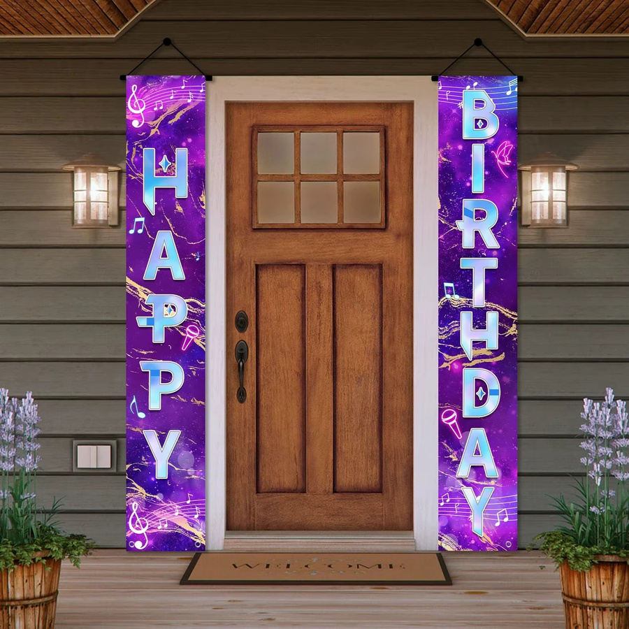 AFYPRTY Geburtstagsbanner Set mit Musiknoten und Galaxie-Design in Lila, Rechteckiges Polyester-Türbanner für deine Geburtstagsparty, Breite: 30 cm, Höhe: 180 cm - Bild 4