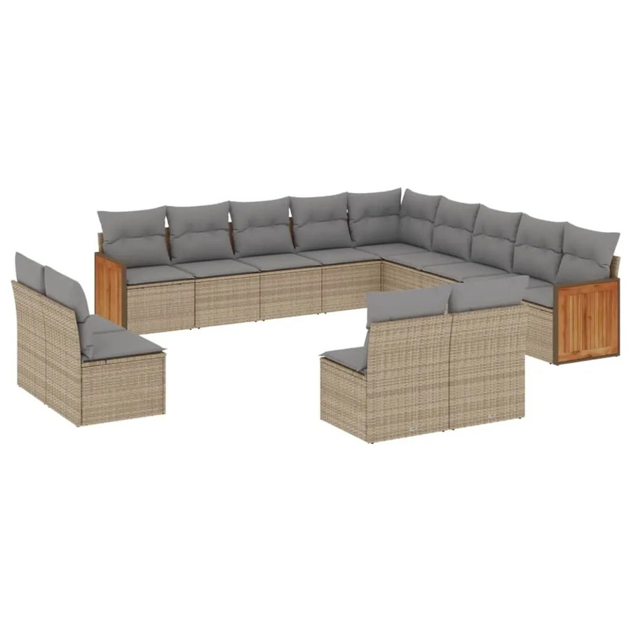 vidaXL 13-tlg. Garten-Sofagarnitur in U-Form aus Polyrattan und Akazienholz, Beige-grau mit Kissen und abnehmbaren Bezügen - Bild 2
