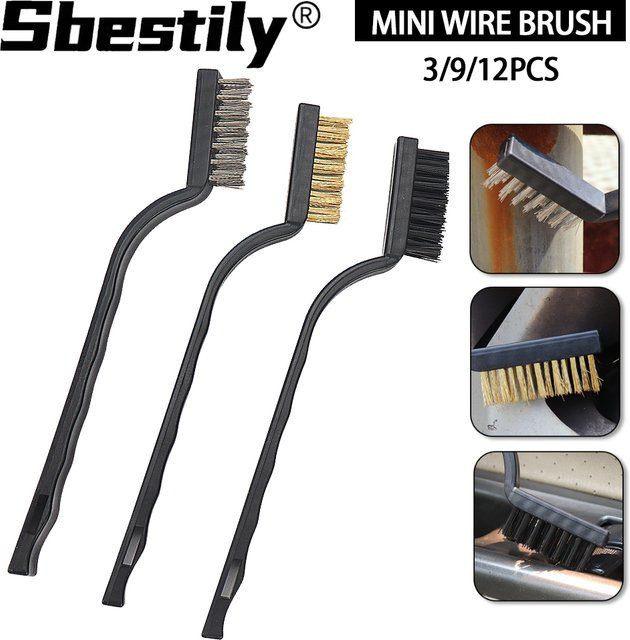 SI FANG Mini Drahtbürsten Set aus Nylon, Stahl und Kupfer mit gebogenem Griff zur Rostentfernung und Schlackereinigung - Bild 1