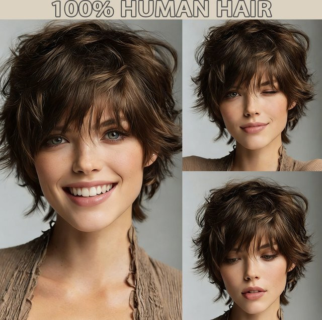 OYM HAIR Brasilianische Echthaar-Perücke, Schokoladenbraun, Bob, Damen - Bild 1