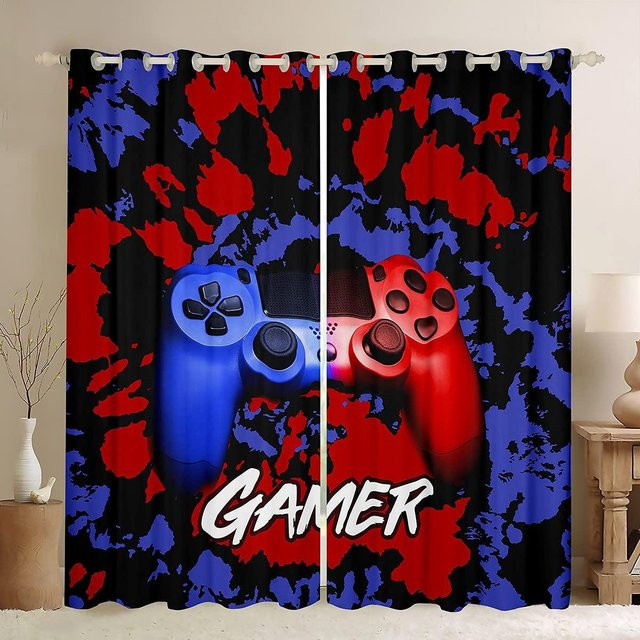 Yiran Furniture Gaming Vorhänge mit Gamepad-Controller Motiv in Rot, 2er-Set inklusive Haken, Breite: 60 cm, Höhe: 60 cm - Bild 1