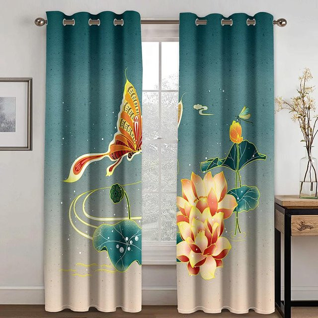 Yiran Furniture Verdunkelungsvorhänge mit chinesischem Blumen- und Phönix-Muster, 2er-Set, Mehrfarbig, Breite: 55 cm, Höhe: 120 cm - Bild 1