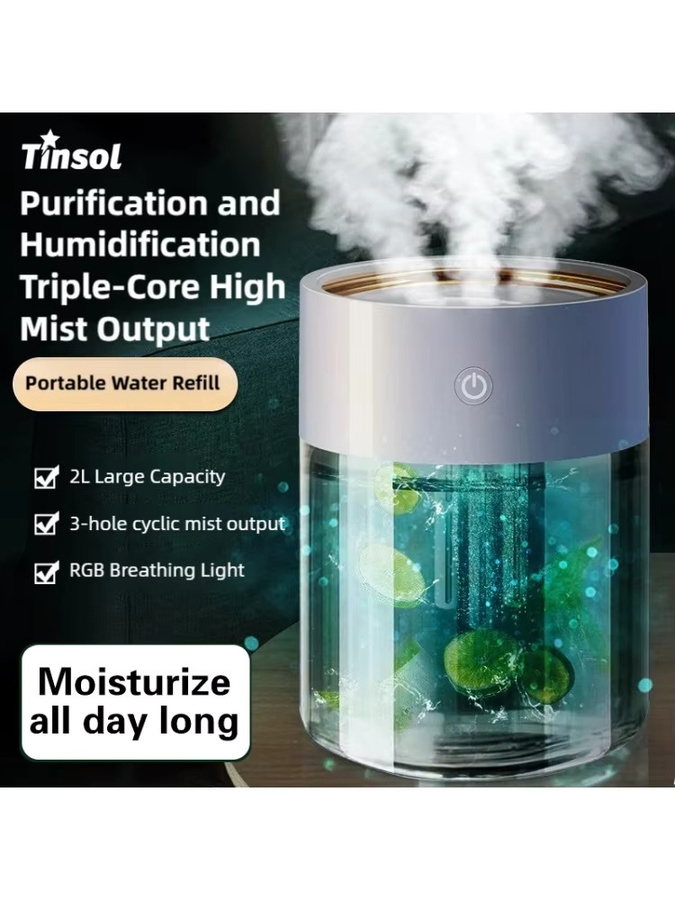TINSOL Triple-Nozzle Spray-Luftbefeuchter mit Ultraschall-Technik, 2000 ml, Weiß - Bild 4